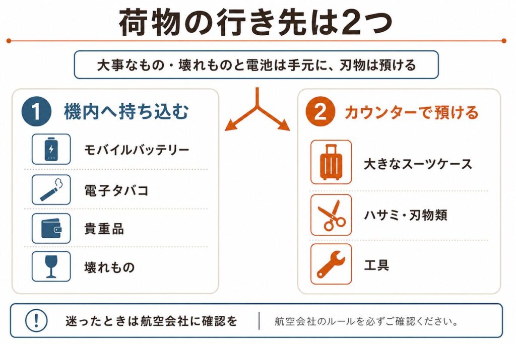 機内へ持ち込む荷物とカウンターで預ける荷物の図解。迷ったときは、航空会社に確認しましょう。